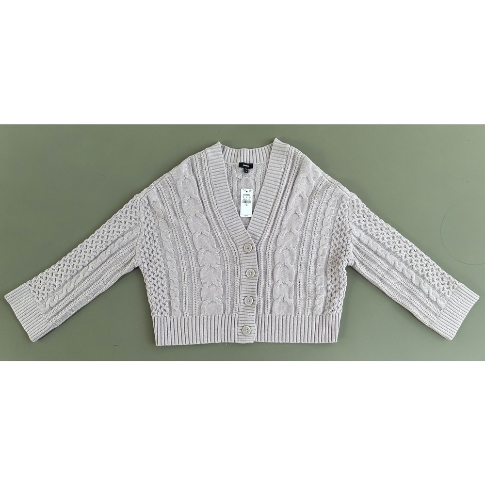 Express Cable Knit Button Front Cardigan Sweater Lilac Grey XS NWT Fisherman
